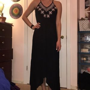 Black maxi dress with pink and white embroidery